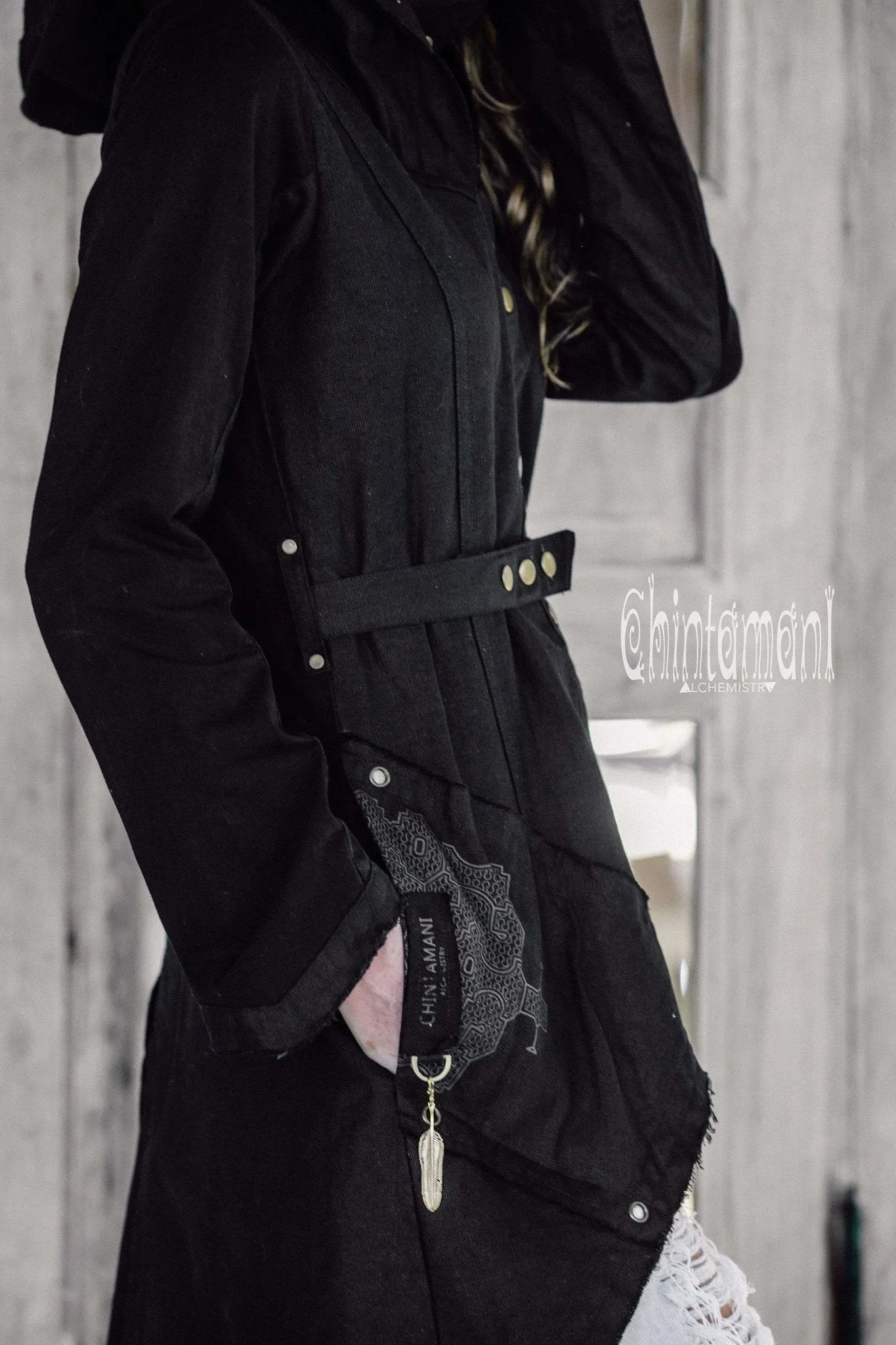 Asymmetric Freak Frock Canvas Coat with Shipibo Print / Black