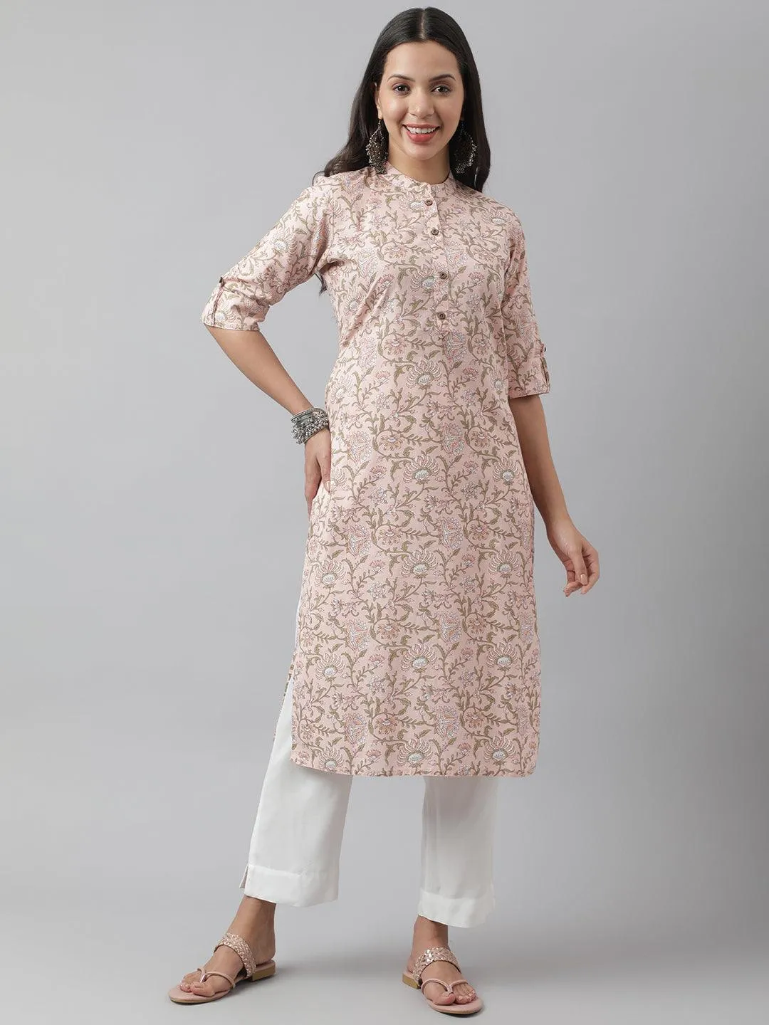 Baby Pink Floral Printed Straight Kurta