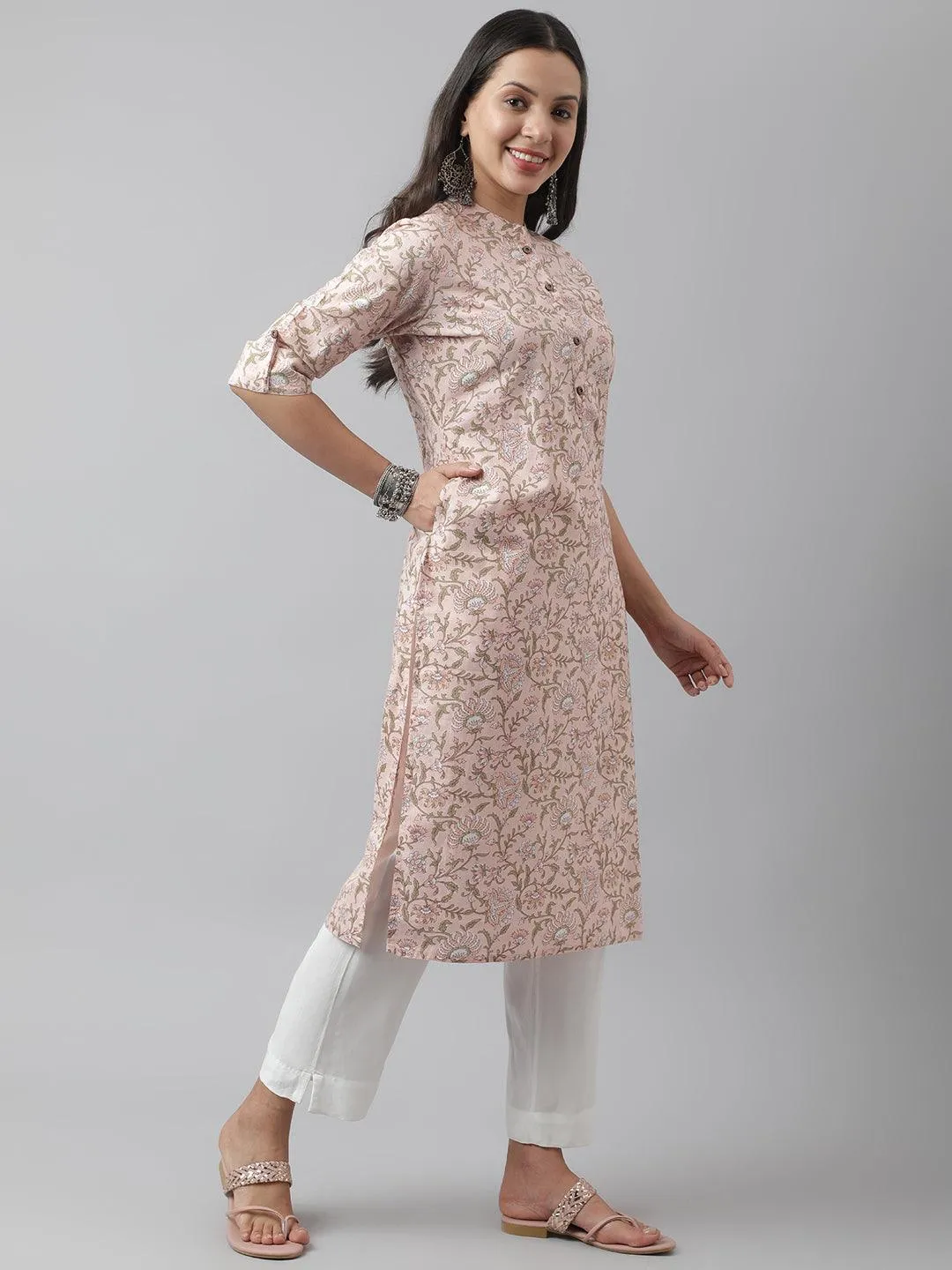 Baby Pink Floral Printed Straight Kurta