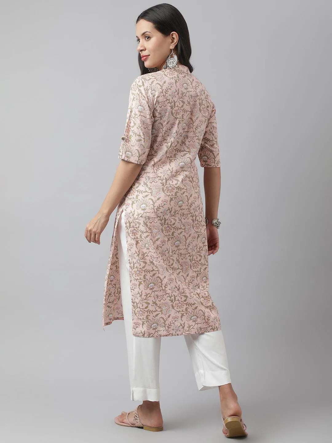 Baby Pink Floral Printed Straight Kurta