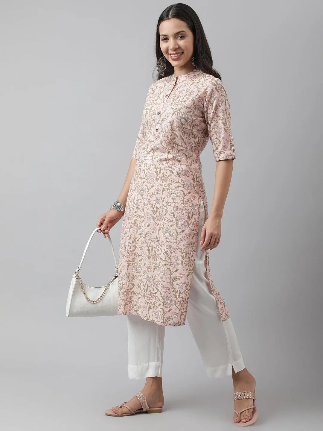 Baby Pink Floral Printed Straight Kurta
