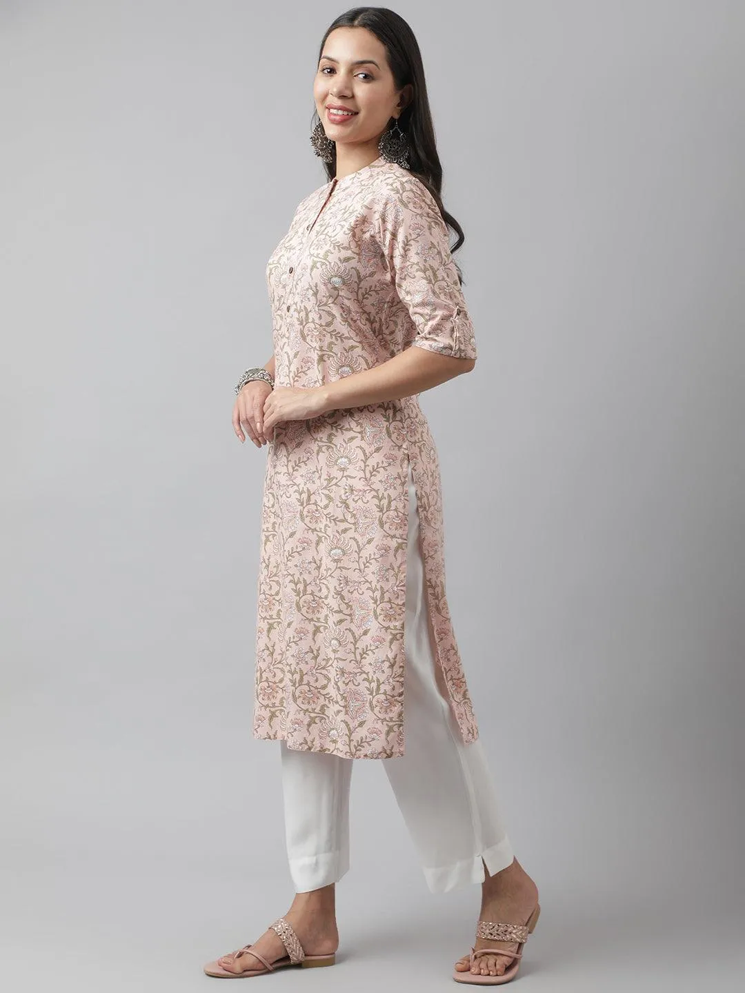 Baby Pink Floral Printed Straight Kurta