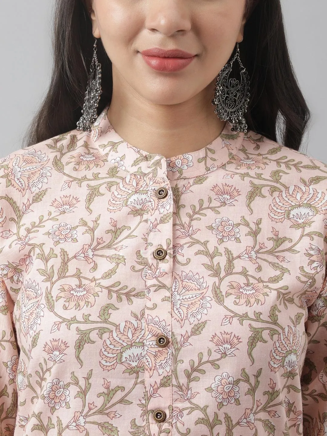 Baby Pink Floral Printed Straight Kurta