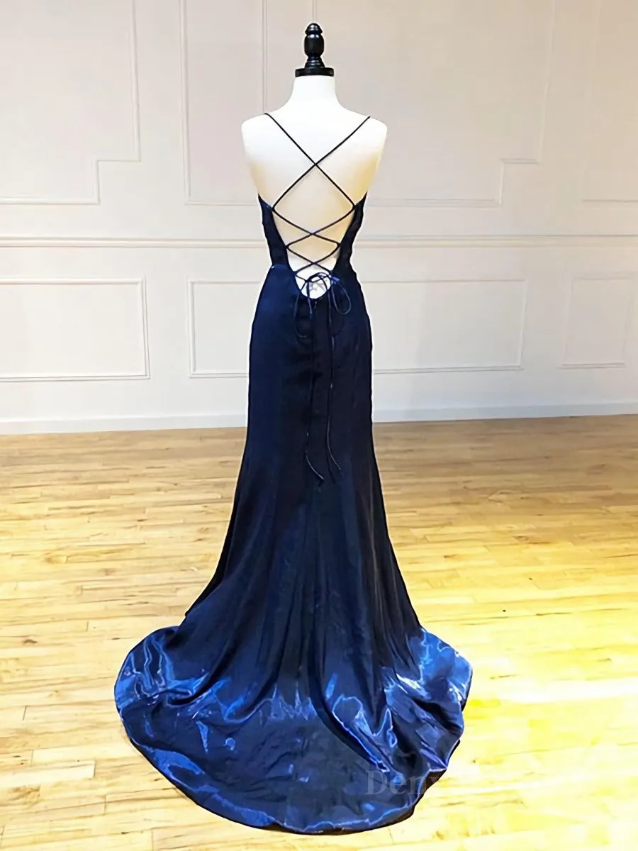 Backless Dark Navy Blue Long Prom Dresses Dark Navy Blue Formal Graduation Evening Dresses