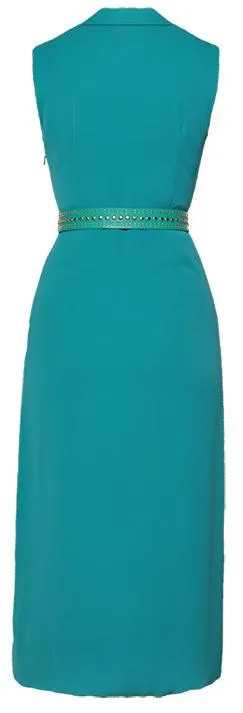Belted Double-Breasted Midi Vest-Dress, Blue