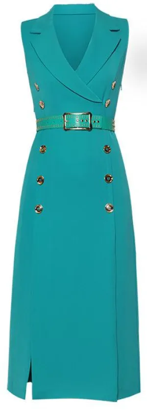 Belted Double-Breasted Midi Vest-Dress, Blue