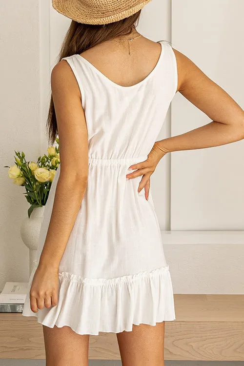 Button Ruffles U Neck Drawstring Mini Dress