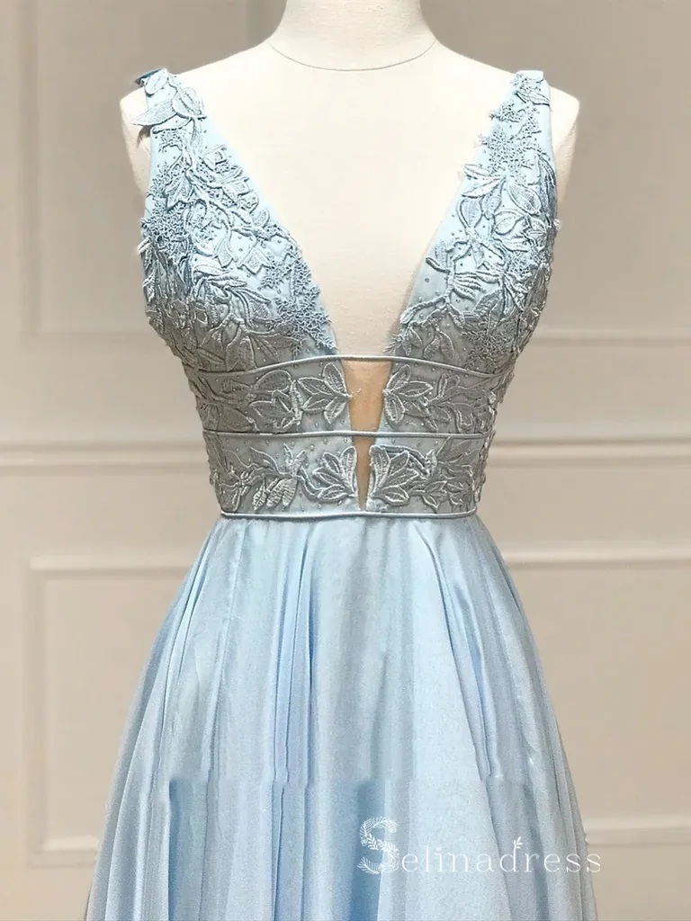 Chic A-line Gorgeous Long Prom Dresses V neck Light Sky Blue Evening Dresses MLH1233