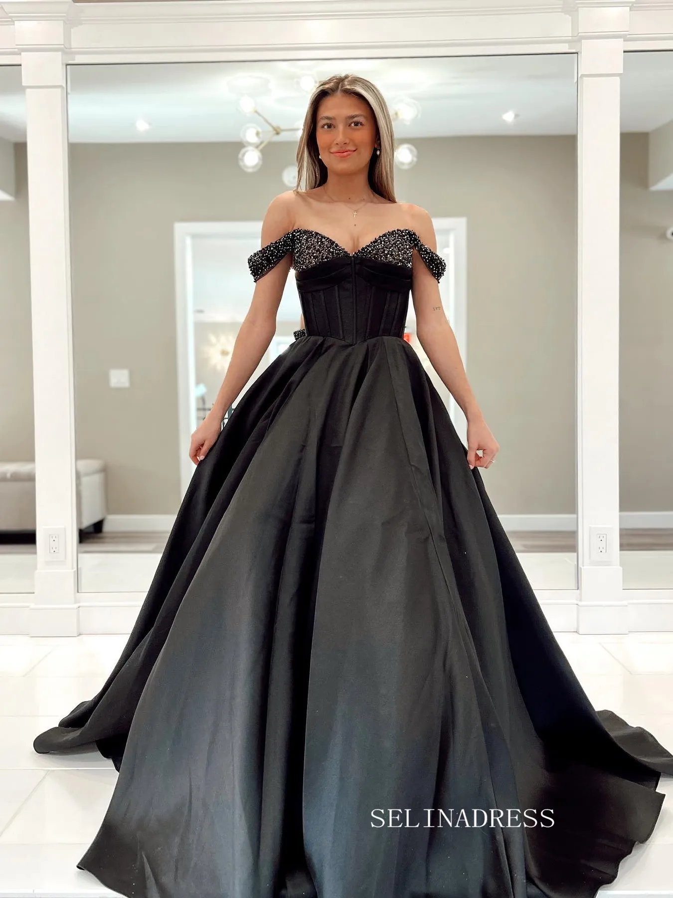 Chic A-line Off-the-shoulder Black Long Prom Dress Beaded Elegant Evening Party Dress #JKSS615