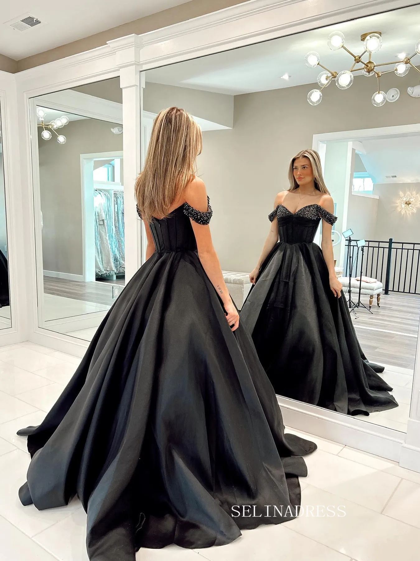 Chic A-line Off-the-shoulder Black Long Prom Dress Beaded Elegant Evening Party Dress #JKSS615