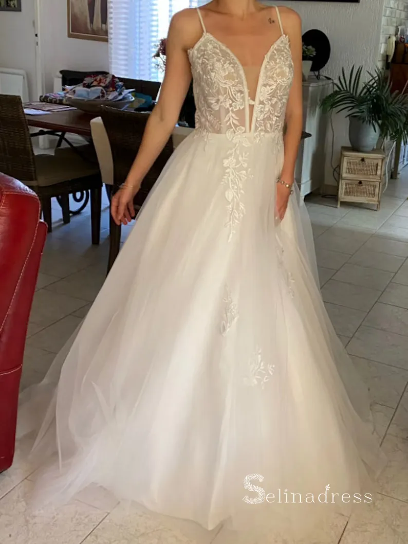 Chic A-line Spaghetti Straps Lace Wedding Dress Rustic White Bridal Gowns MLH0493