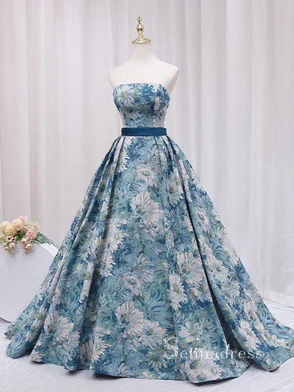 Chic A-line Strapless Monet Oil Painting Vintage Prom Dresses Cheap Long Evening Gowns JKR002