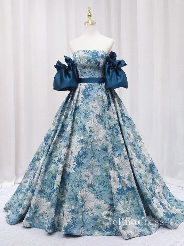 Chic A-line Strapless Monet Oil Painting Vintage Prom Dresses Cheap Long Evening Gowns JKR002