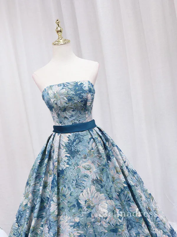 Chic A-line Strapless Monet Oil Painting Vintage Prom Dresses Cheap Long Evening Gowns JKR002