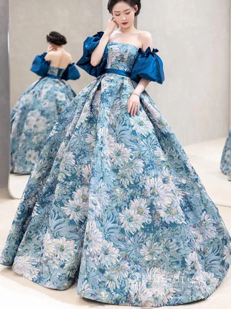 Chic A-line Strapless Monet Oil Painting Vintage Prom Dresses Cheap Long Evening Gowns JKR002