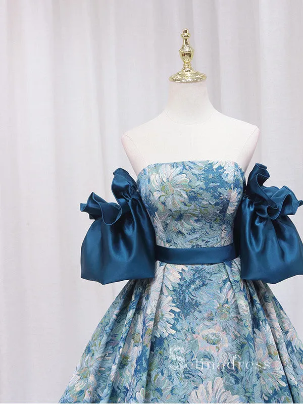 Chic A-line Strapless Monet Oil Painting Vintage Prom Dresses Cheap Long Evening Gowns JKR002