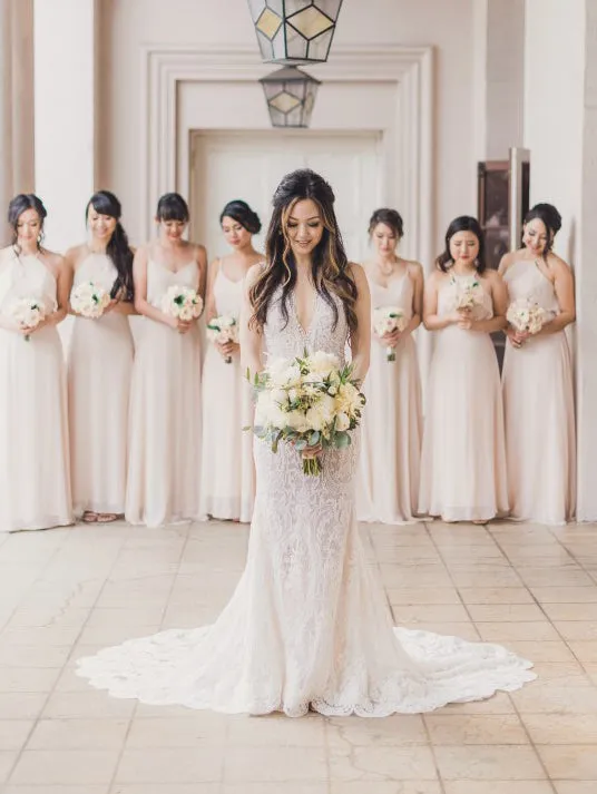 Chic Mermaid Deep V neck Sleeveless Rustic Lace Wedding Dress Hoho Bridal Gowns MLS006