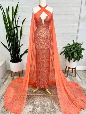 Chic Mermaid Orange Long Prom Dresses Beaded Evening Gowns Pageant Dress TKL062