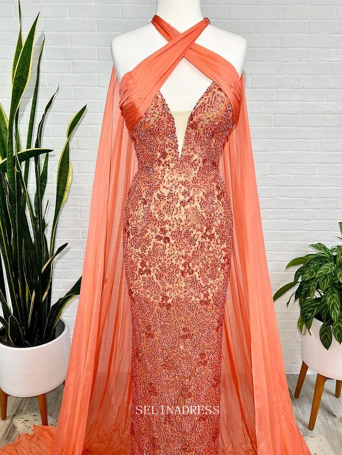 Chic Mermaid Orange Long Prom Dresses Beaded Evening Gowns Pageant Dress TKL062
