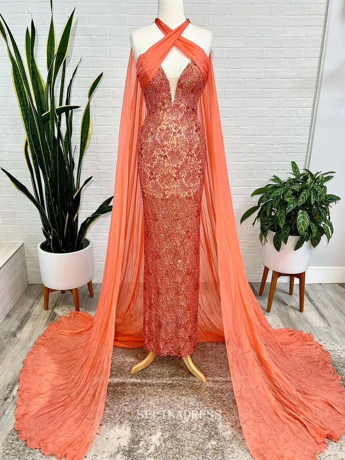 Chic Mermaid Orange Long Prom Dresses Beaded Evening Gowns Pageant Dress TKL062