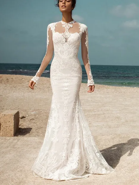 Chic Mermaid Scoop Long Sleeve Rustic Lace Wedding Gowns Boho Wedding Gowns MLS002