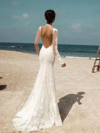 Chic Mermaid Scoop Long Sleeve Rustic Lace Wedding Gowns Boho Wedding Gowns MLS002