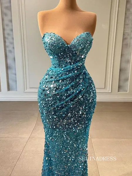 Chic Mermaid Sweetheart Blue Long Prom Dresses Elegant Beaded Evening Dress sew03341