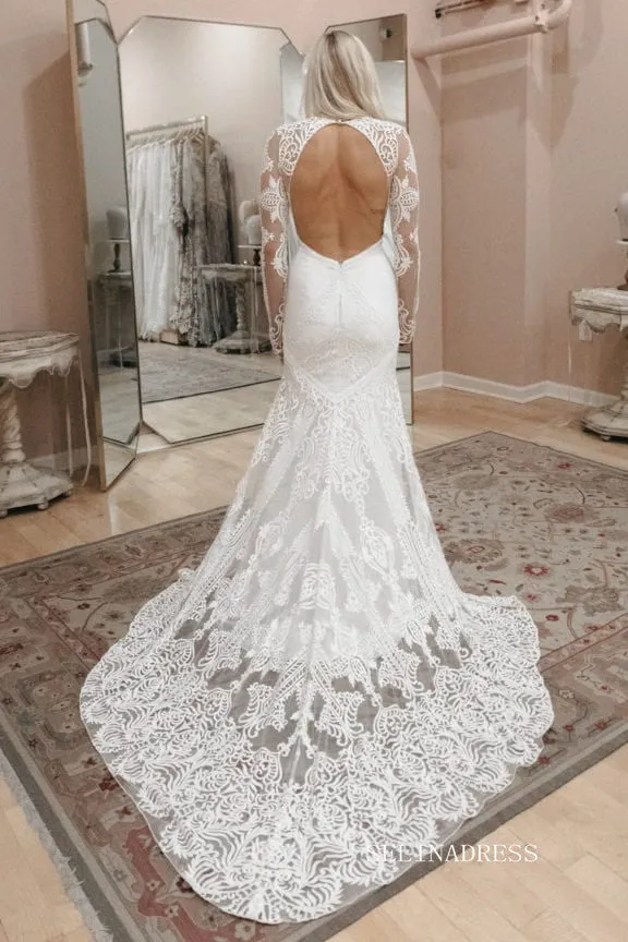 Chic Mermaid V neck Boho Wedding Dress Rustic Long Sleeve Lace Wedding Gowns MLS044