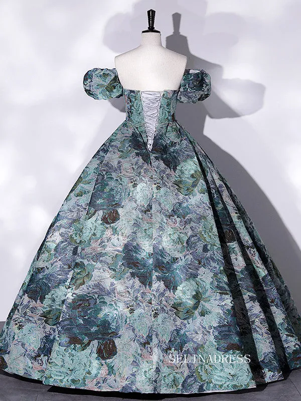 Chic Puff Sleeve Ball Gown Prom Dress Morandi Elegant Formal Dress #QWE052