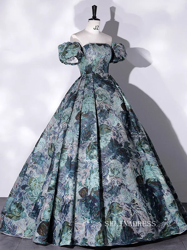 Chic Puff Sleeve Ball Gown Prom Dress Morandi Elegant Formal Dress #QWE052