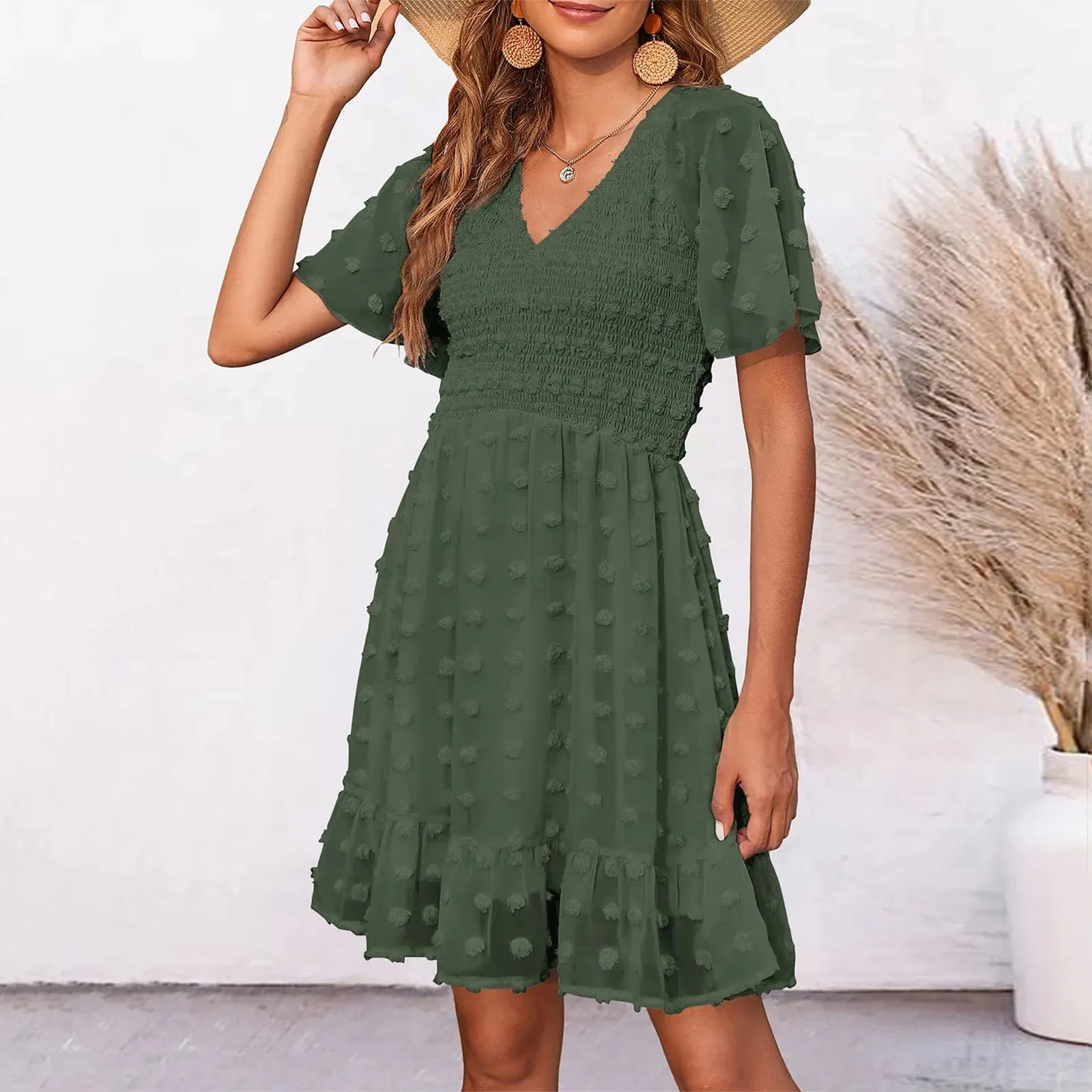 Chiffon Smocked Fur Ball Point Short Sleeve Beach A-line Summer Sun Mini Dress