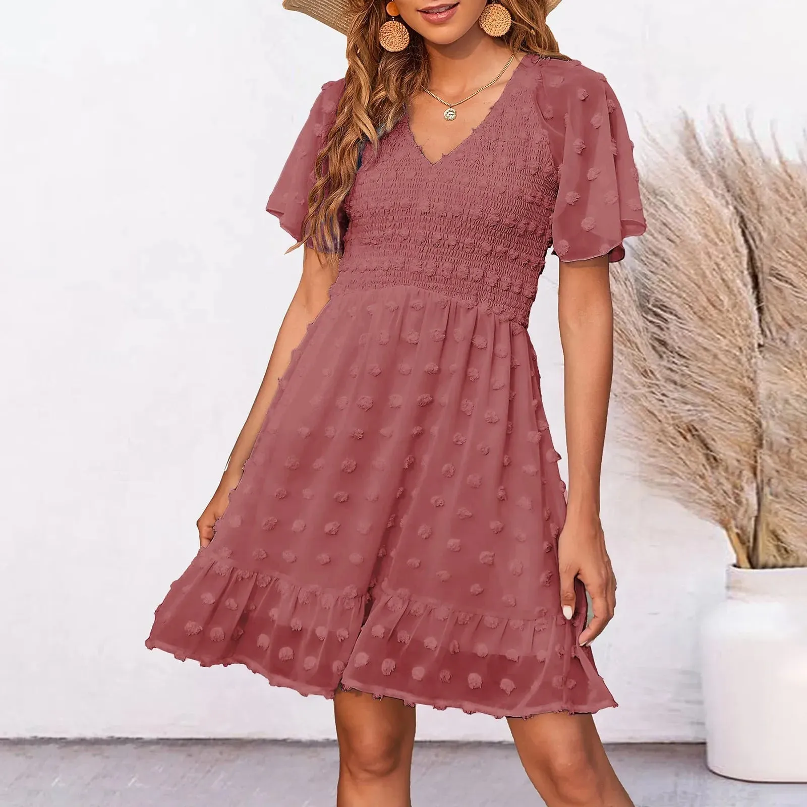Chiffon Smocked Fur Ball Point Short Sleeve Beach A-line Summer Sun Mini Dress