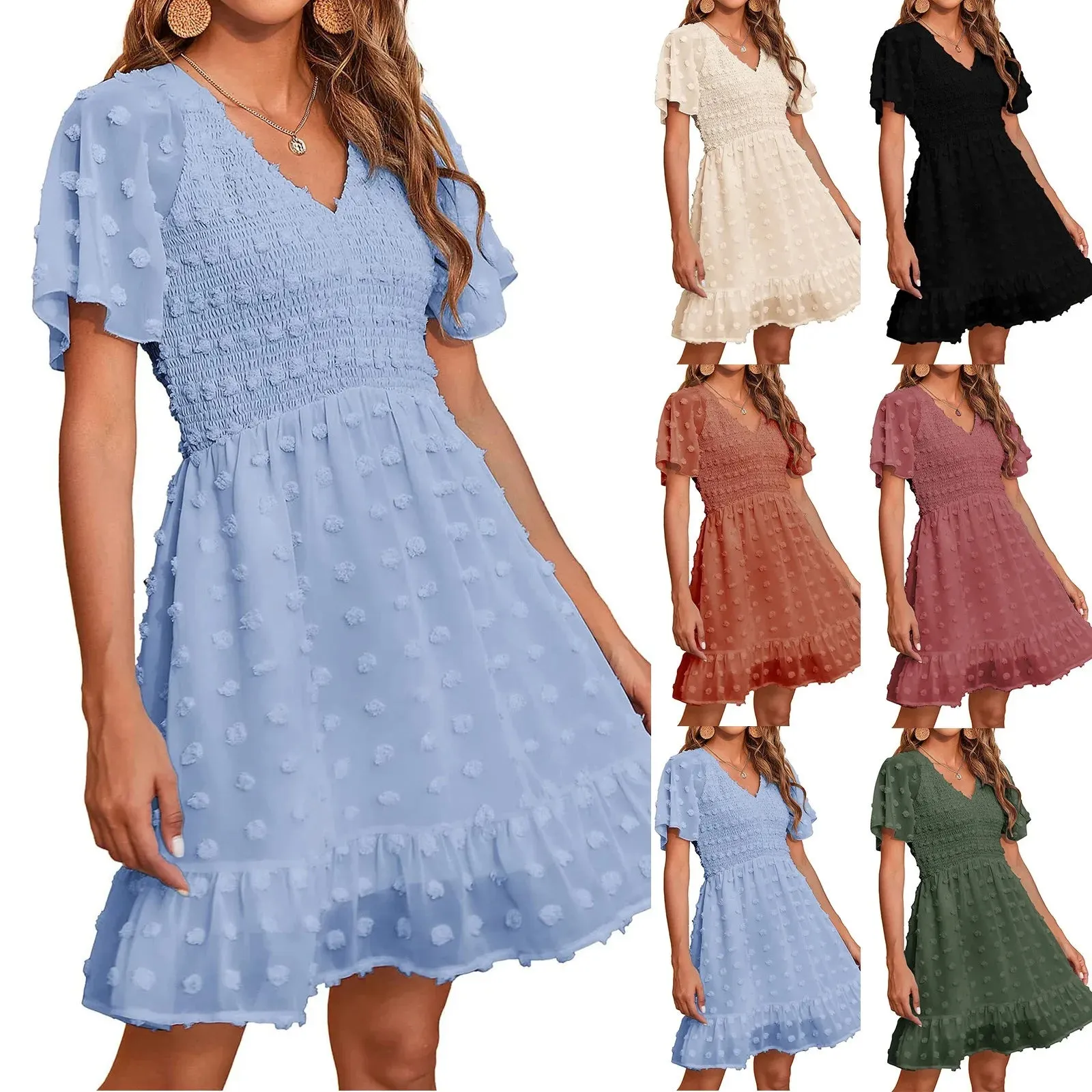 Chiffon Smocked Fur Ball Point Short Sleeve Beach A-line Summer Sun Mini Dress