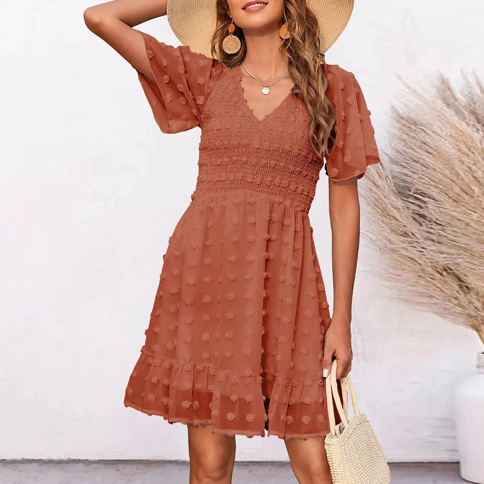Chiffon Smocked Fur Ball Point Short Sleeve Beach A-line Summer Sun Mini Dress