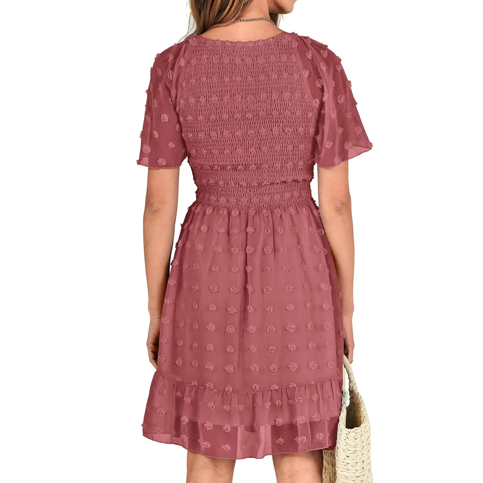 Chiffon Smocked Fur Ball Point Short Sleeve Beach A-line Summer Sun Mini Dress