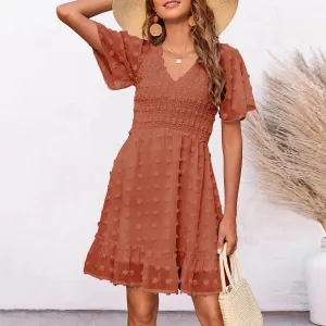 Chiffon Smocked Fur Ball Point Short Sleeve Beach A-line Summer Sun Mini Dress