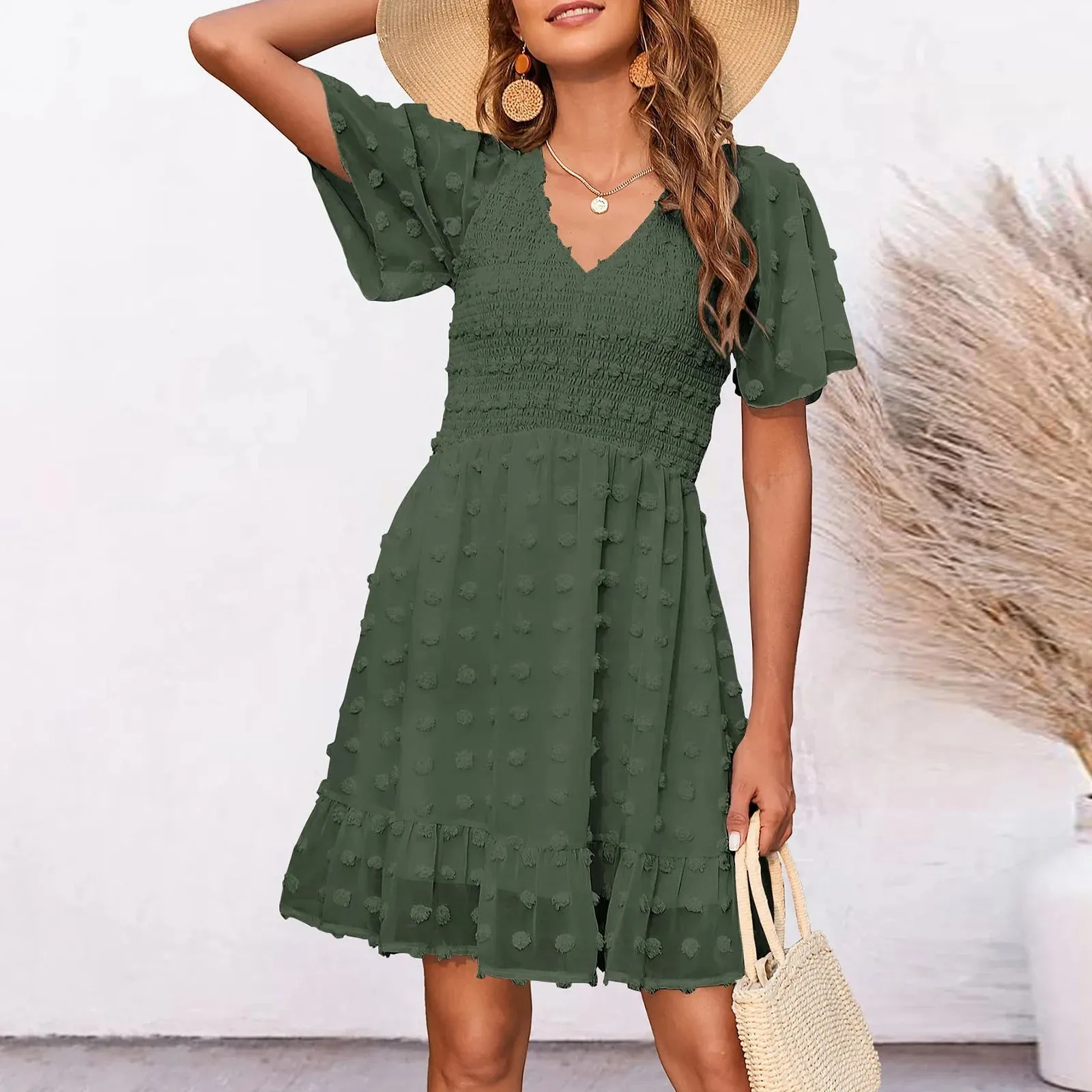 Chiffon Smocked Fur Ball Point Short Sleeve Beach A-line Summer Sun Mini Dress