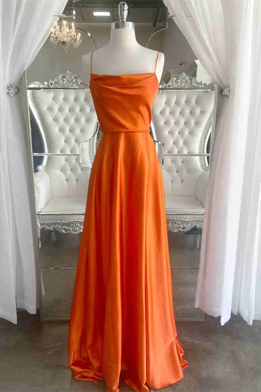Cowl Neck Green Satin A-Line Formal Dress with Slit ASSD012