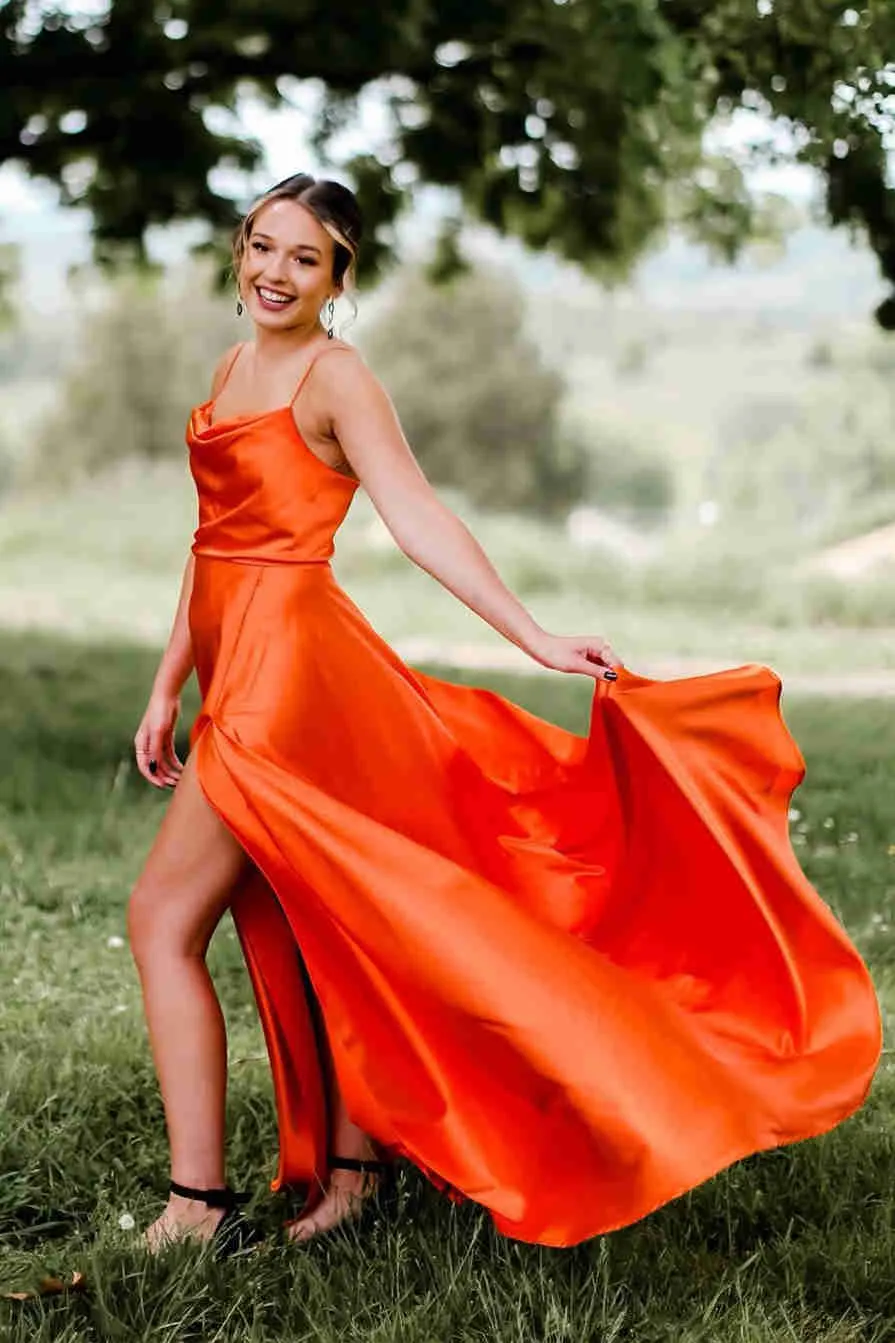 Cowl Neck Green Satin A-Line Formal Dress with Slit ASSD012