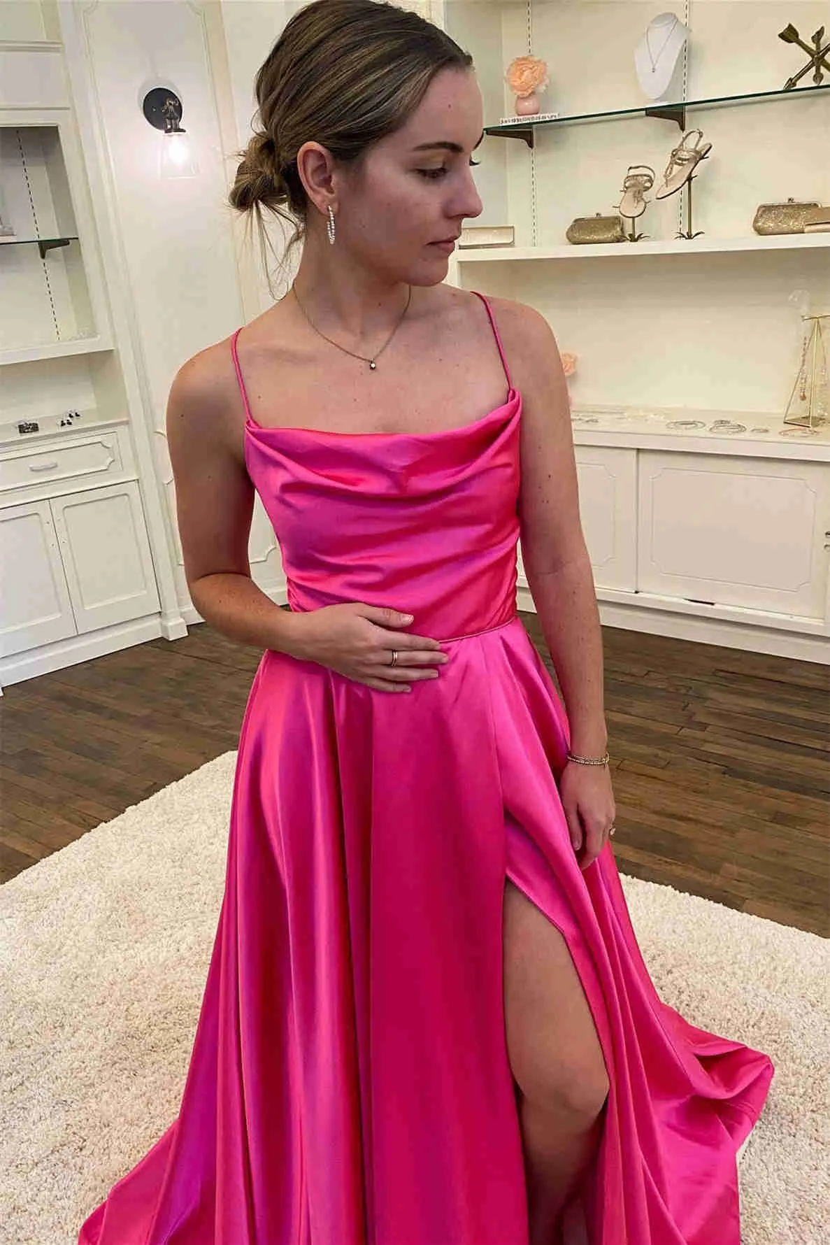 Cowl Neck Green Satin A-Line Formal Dress with Slit ASSD012