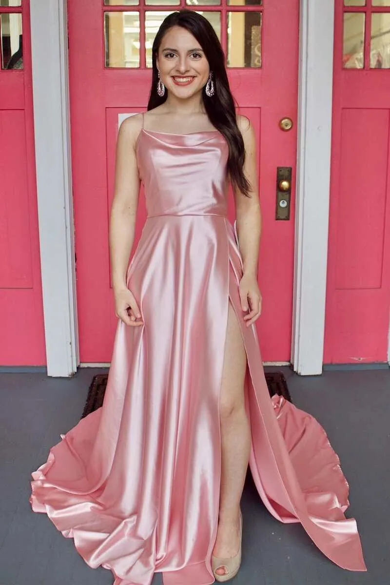 Cowl Neck Green Satin A-Line Formal Dress with Slit ASSD012