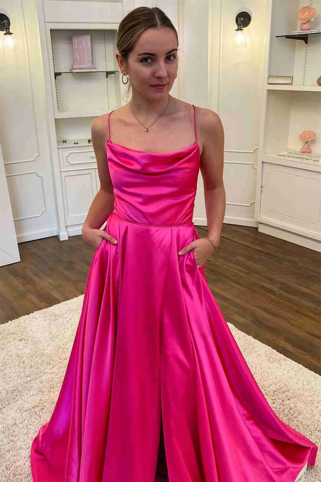 Cowl Neck Green Satin A-Line Formal Dress with Slit ASSD012