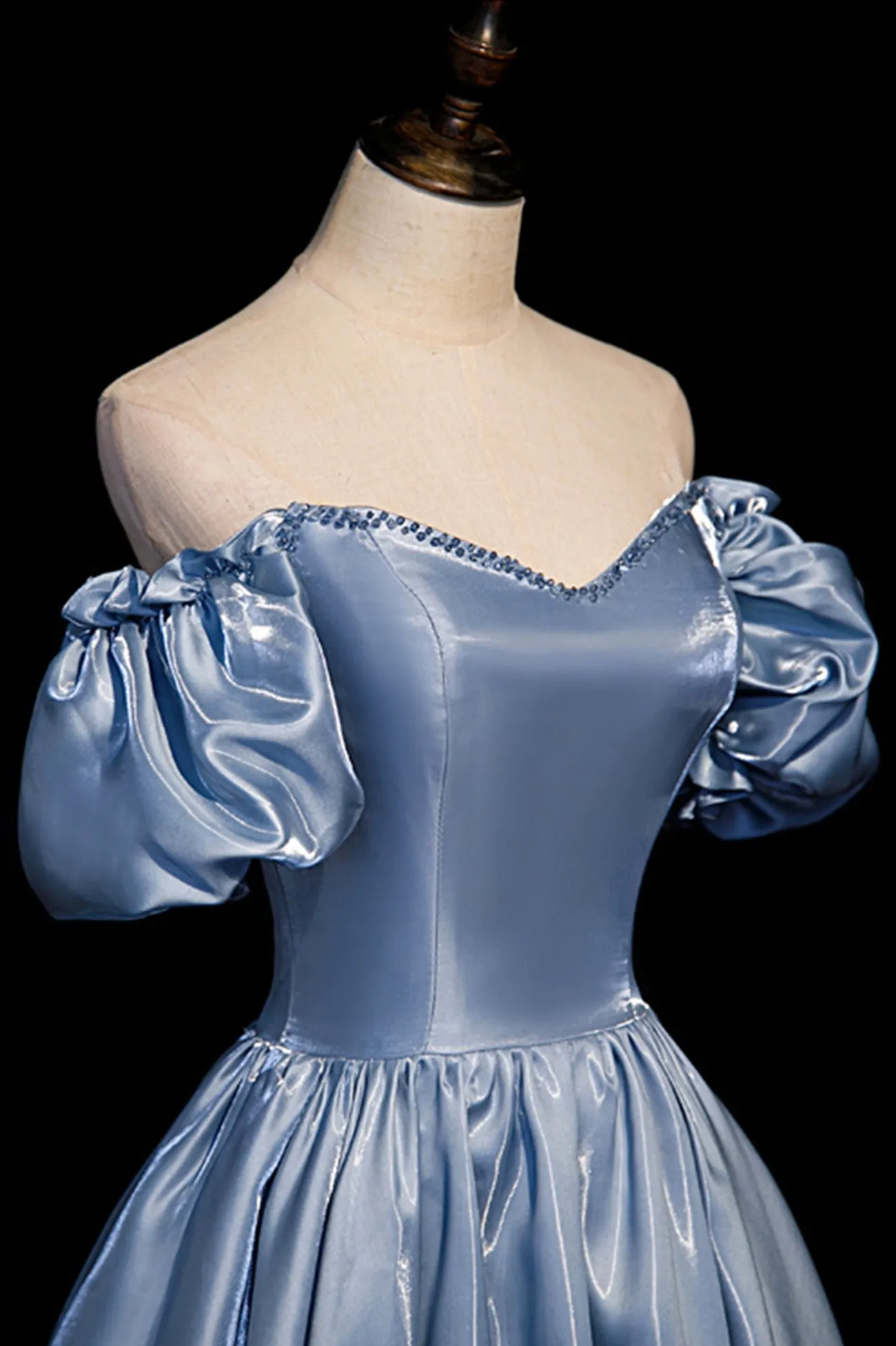 Cute Satin Long Prom Dresses Blue Short Sleeve A-Line Evening Dresses