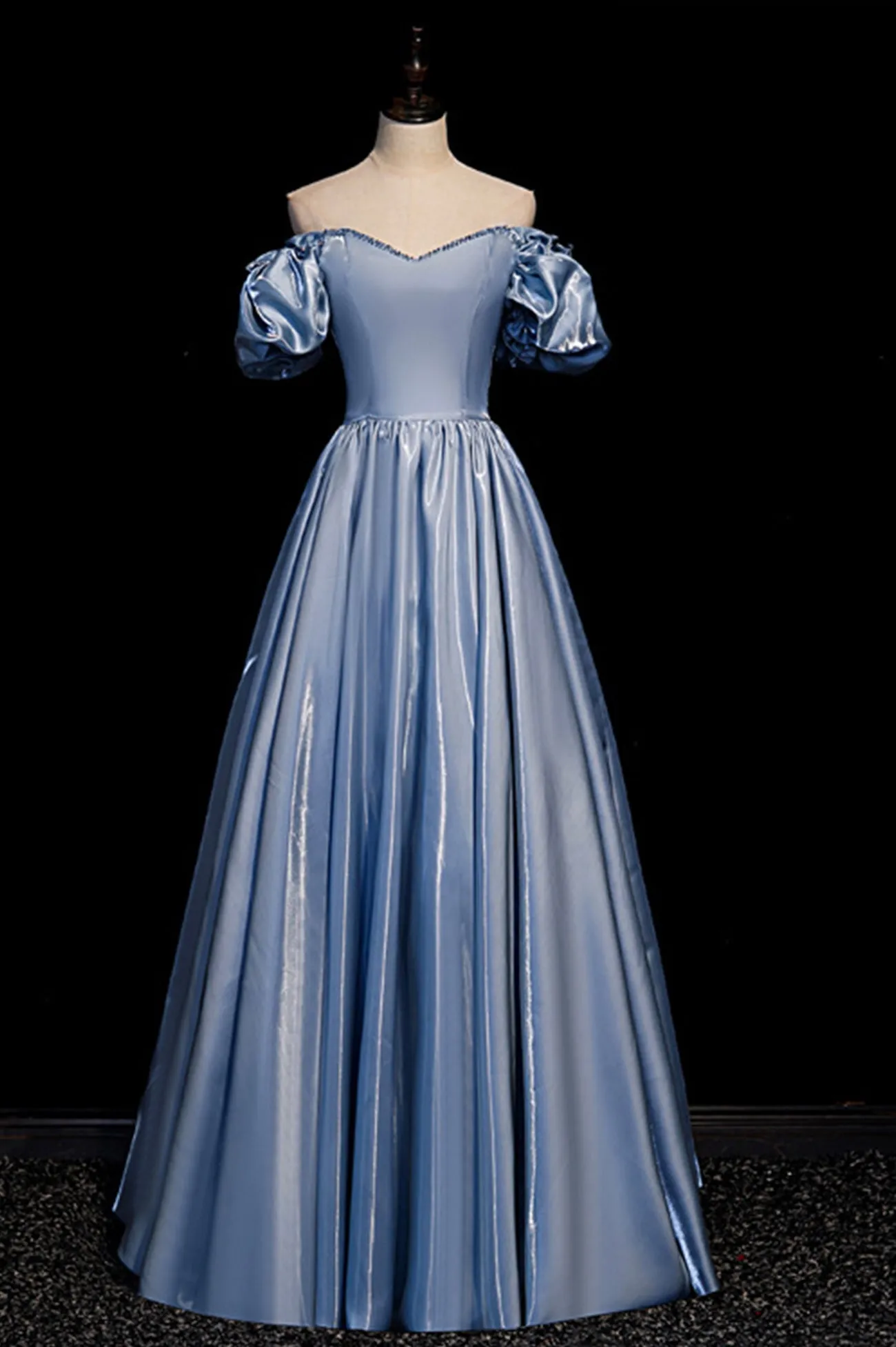 Cute Satin Long Prom Dresses Blue Short Sleeve A-Line Evening Dresses