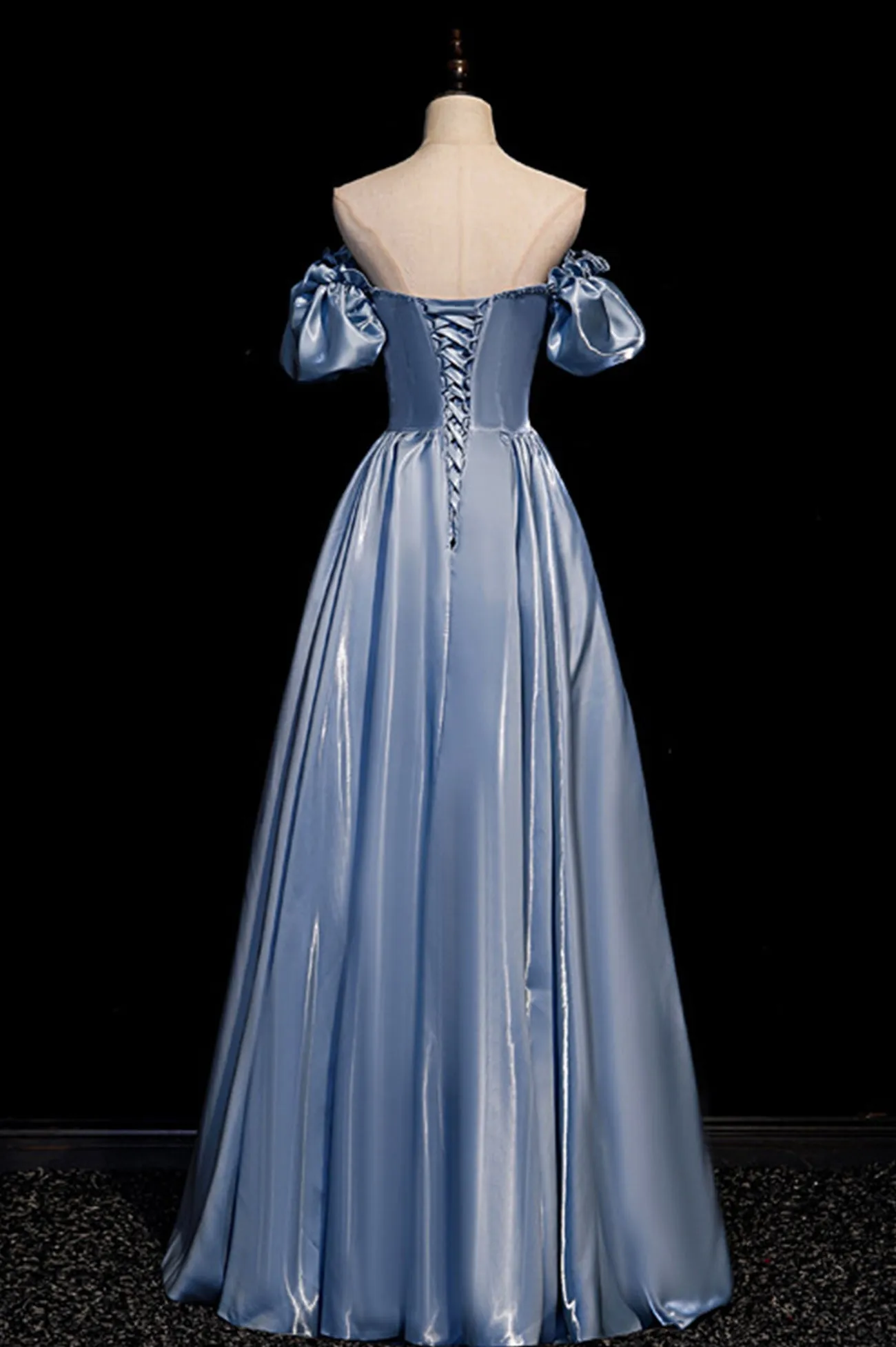 Cute Satin Long Prom Dresses Blue Short Sleeve A-Line Evening Dresses