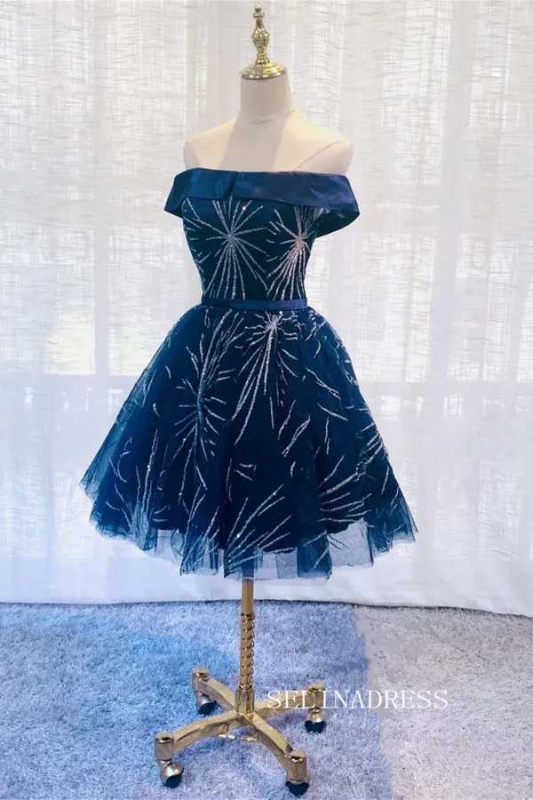 Dark Blue Off Shoulder Tulle Knee Length Party Dress Blue Homecoming Dresses #TKL2118