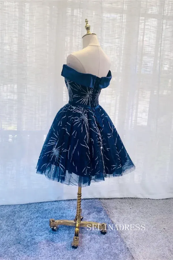 Dark Blue Off Shoulder Tulle Knee Length Party Dress Blue Homecoming Dresses #TKL2118