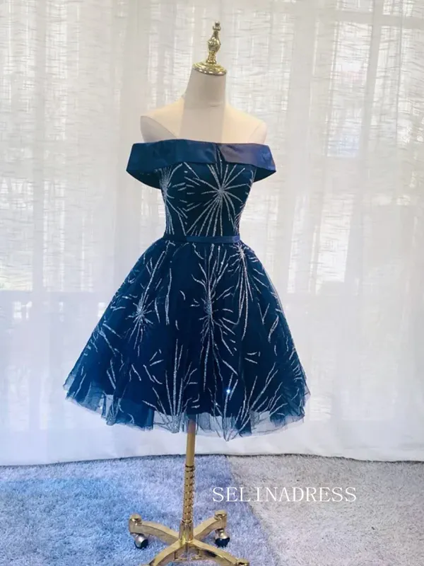 Dark Blue Off Shoulder Tulle Knee Length Party Dress Blue Homecoming Dresses #TKL2118