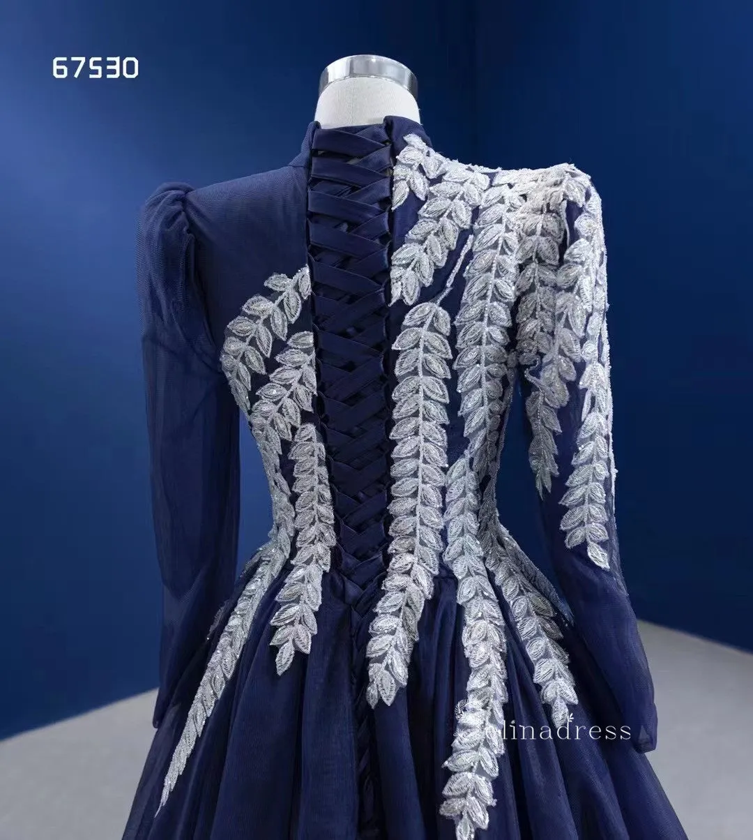 Dark Navy High Neck Ball Gown Modest Long Sleeve Formal Dresses RSM67530