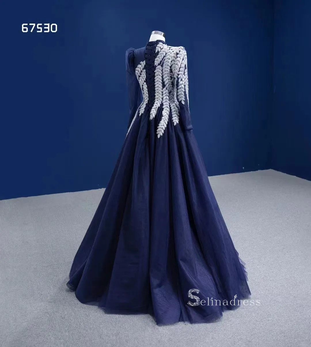 Dark Navy High Neck Ball Gown Modest Long Sleeve Formal Dresses RSM67530